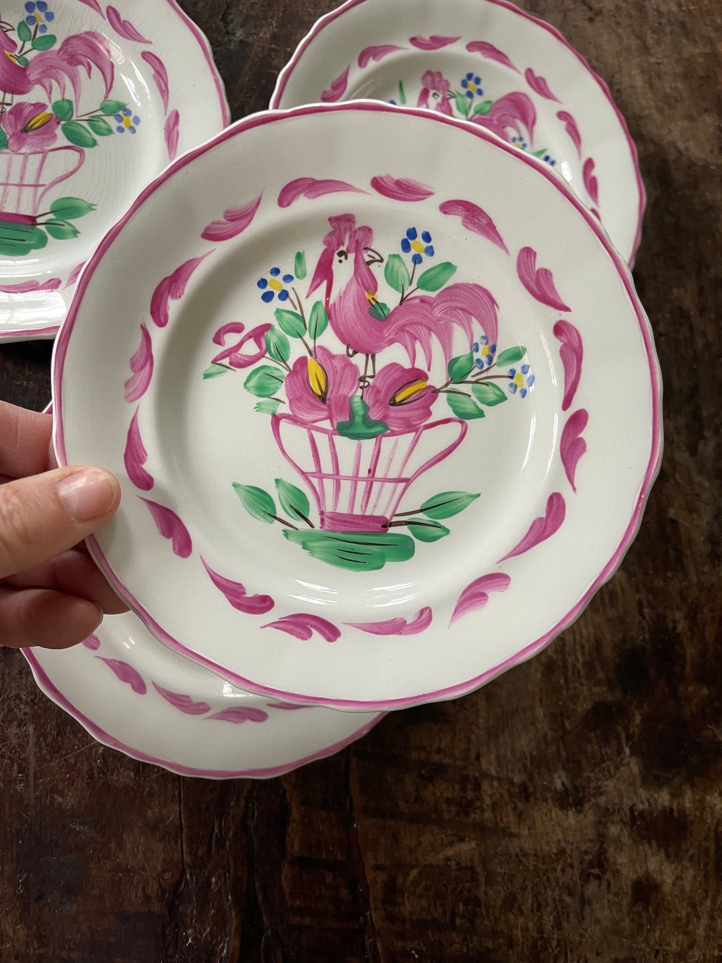 Set of Four (4) Pink English Chanticleer Fondeville England  6 3/8” Plates