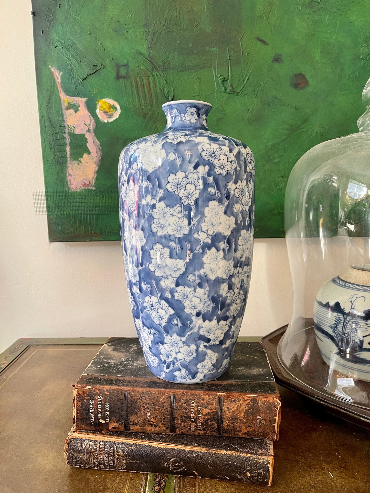 Cherry Blossom Blue and White Chinoiserie 14” Vase