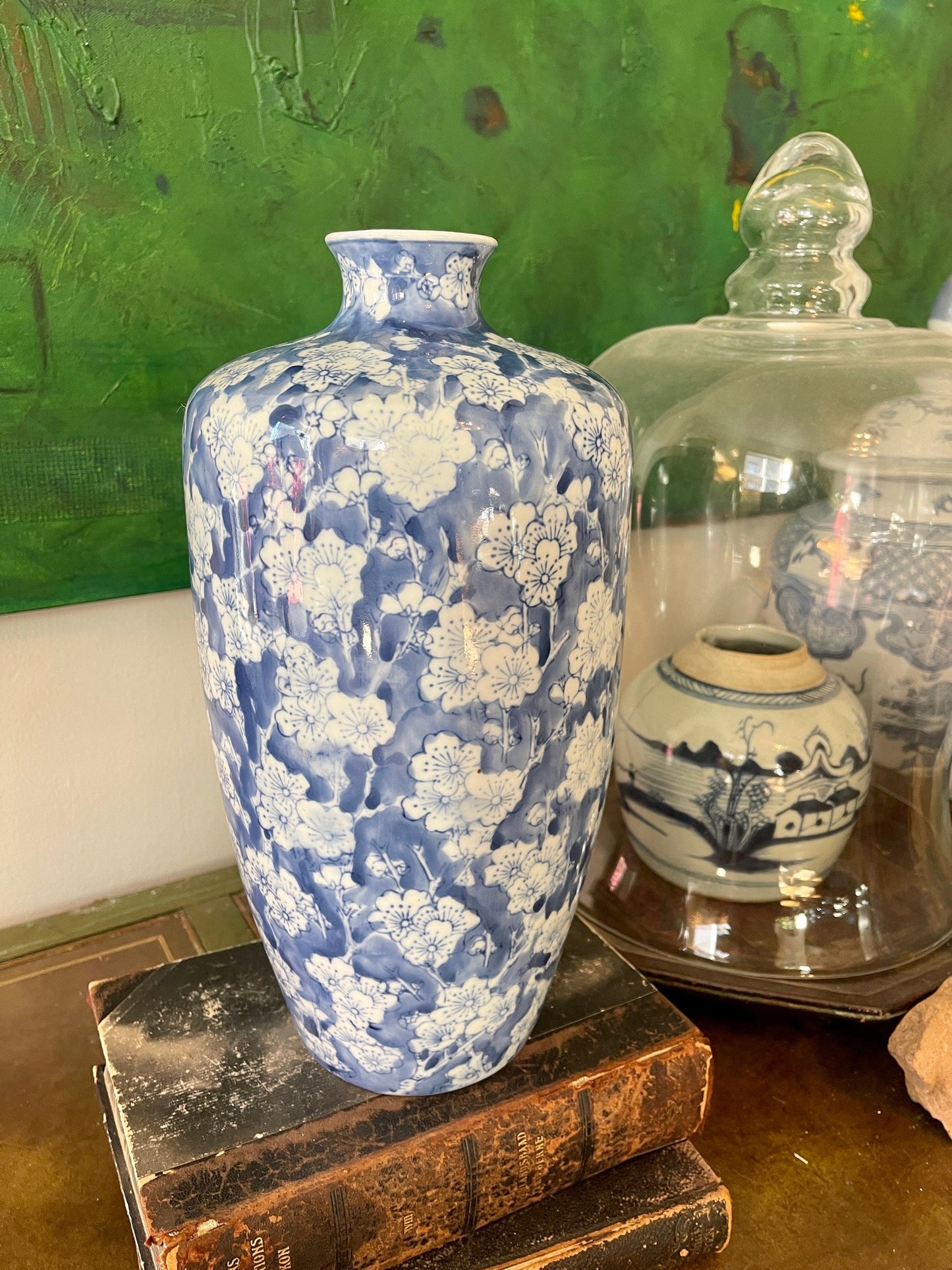 Cherry Blossom Blue and White Chinoiserie 14” Vase