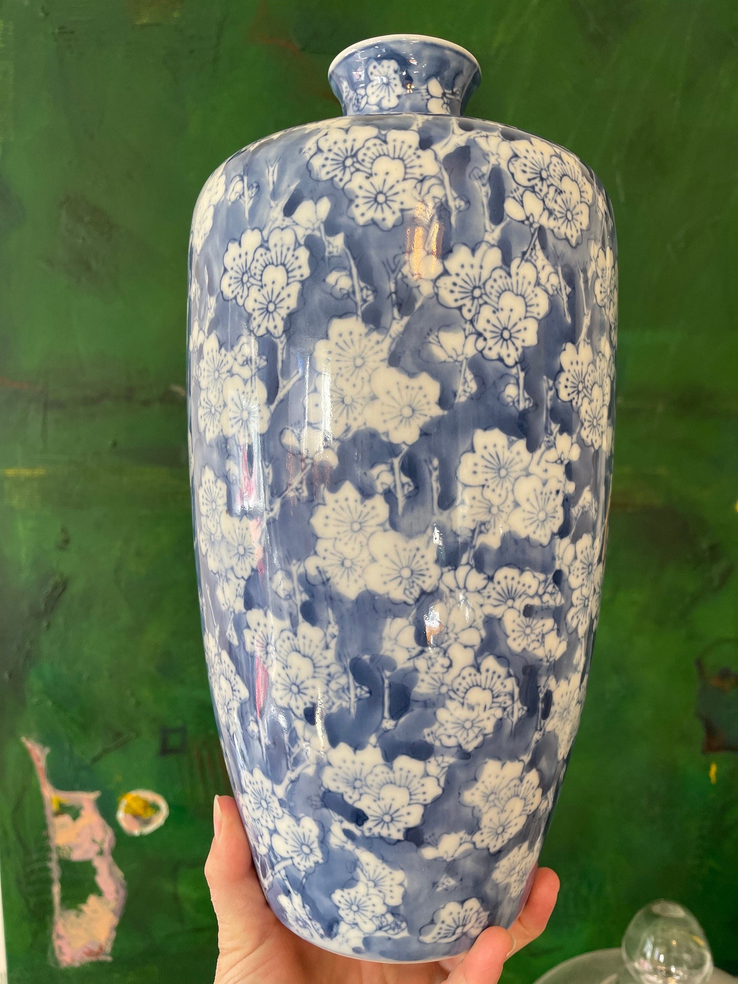 Cherry Blossom Blue and White Chinoiserie 14” Vase