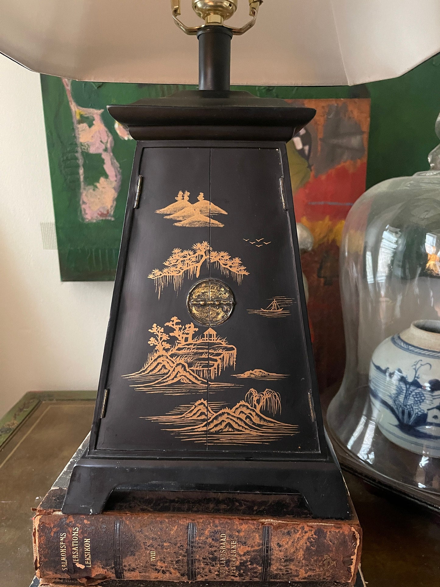 Contemporary Black Chinoiserie Lamp