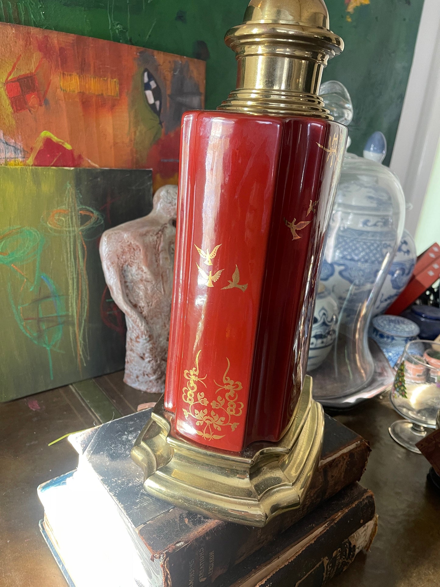 Vintage Burgundy and Brass Chinoiserie Table Lamp