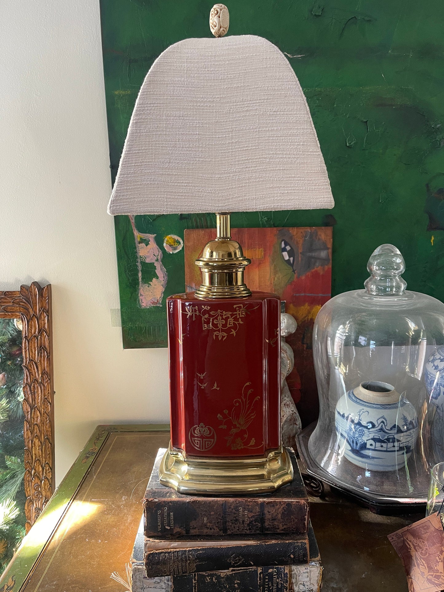 Vintage Burgundy and Brass Chinoiserie Table Lamp