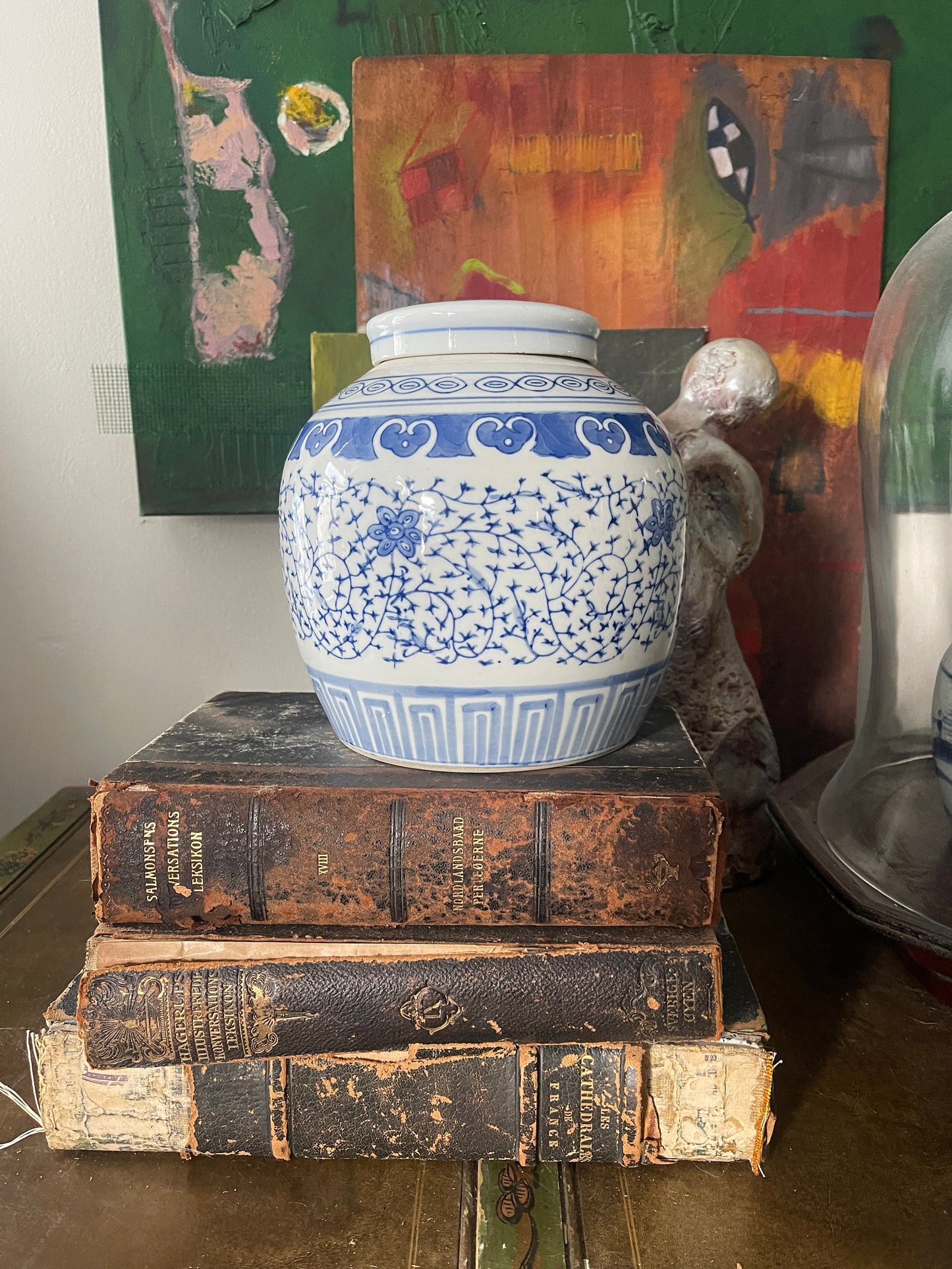 Vintage 1980s Blue and White Chinoiserie Ginger Jar