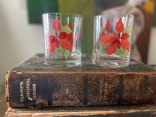 Set of Two (2) Vintage Block Poinsettia Whiskey Glasses