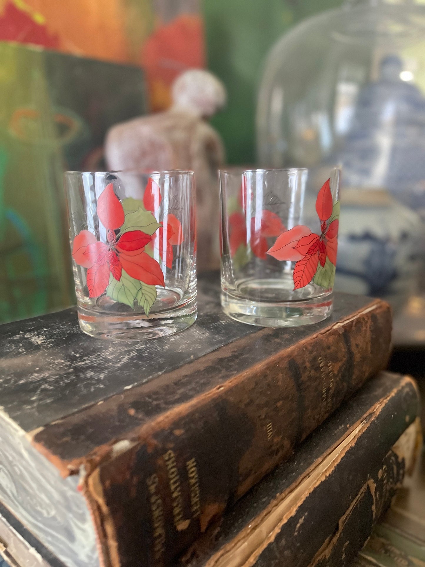 Set of Two (2) Vintage Block Poinsettia Whiskey Glasses