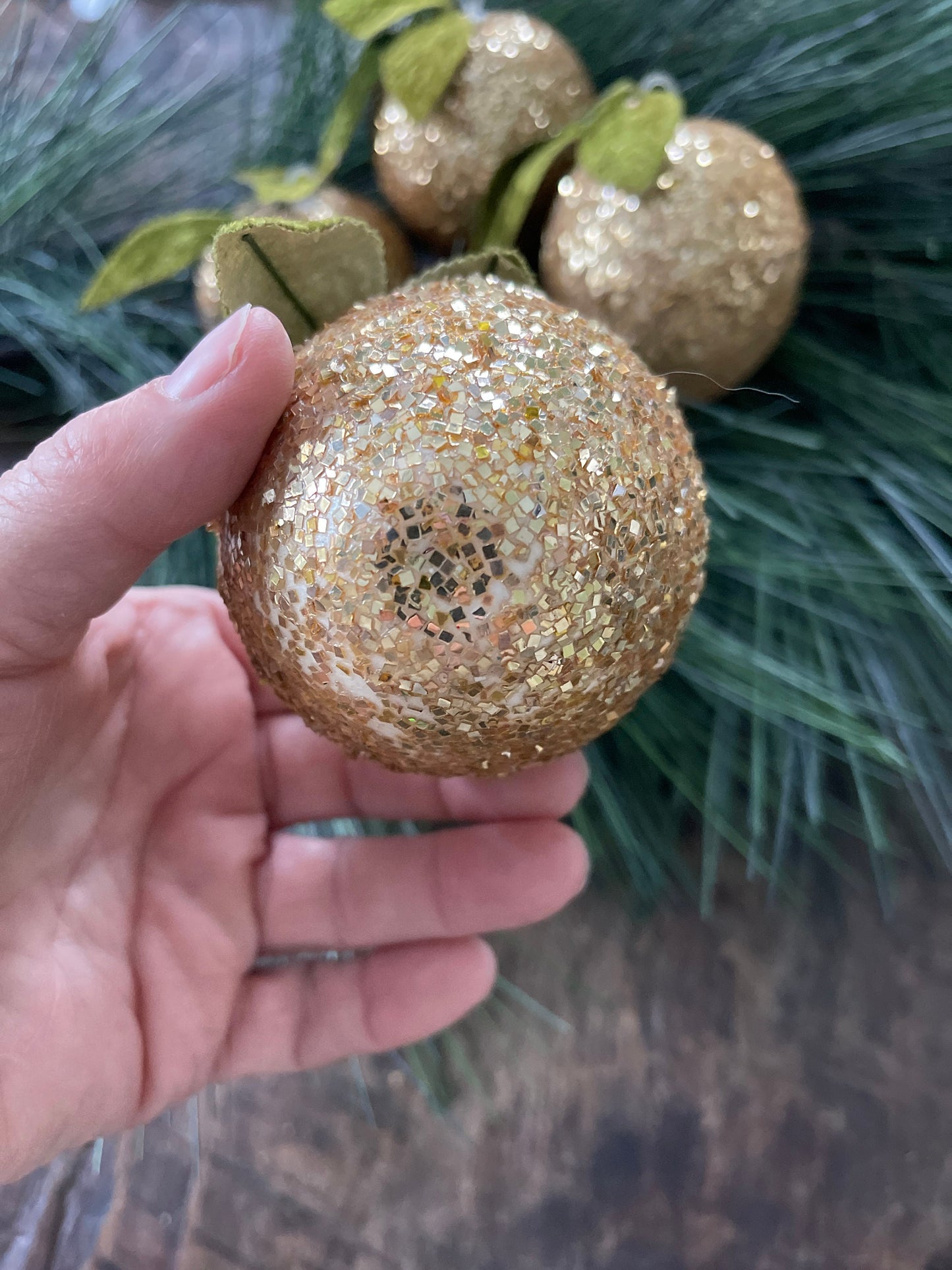 Set of Four (4) Vintage Gold Glitter Apple Ornaments