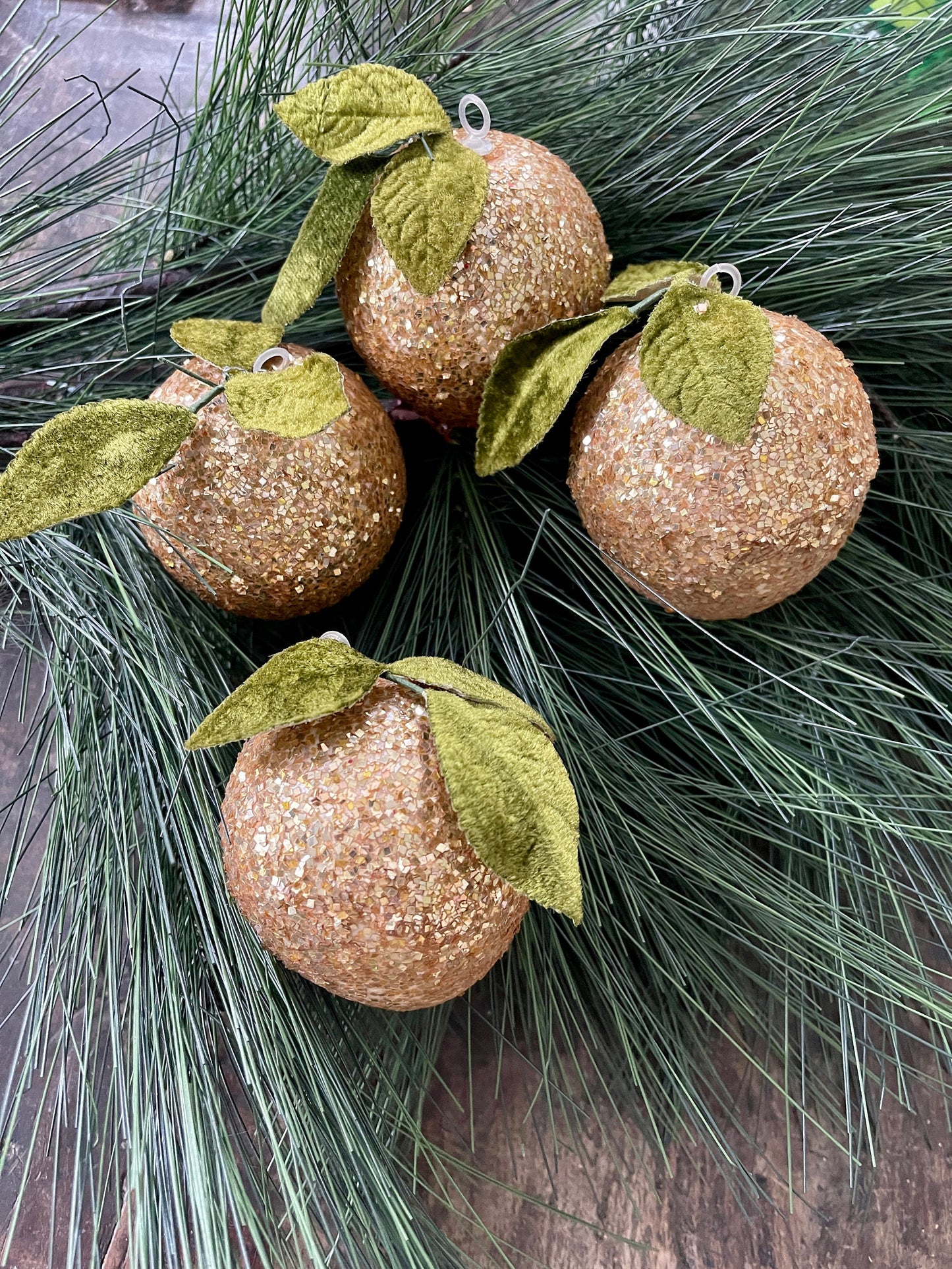 Set of Four (4) Vintage Gold Glitter Apple Ornaments