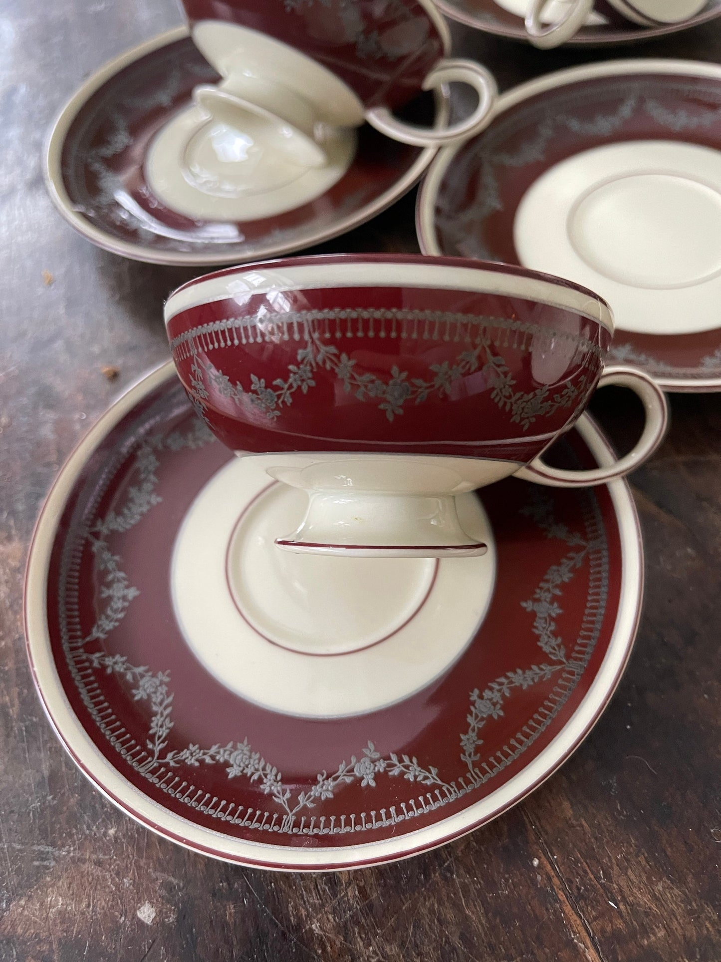 Set of Rosenthal Winifred Burgundy Tea Cups and Saucers