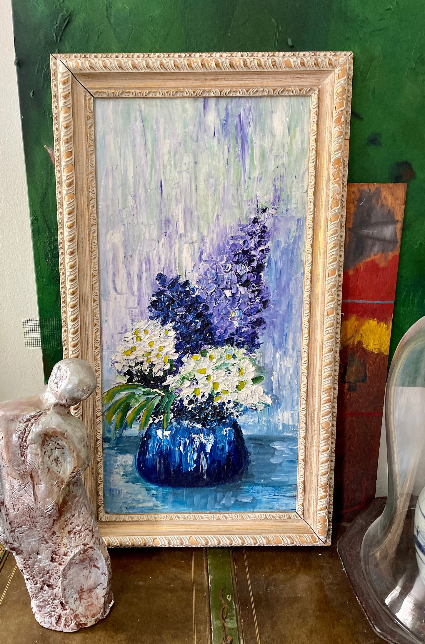 1962 Blue Signed Floral Still Life Painting on Board