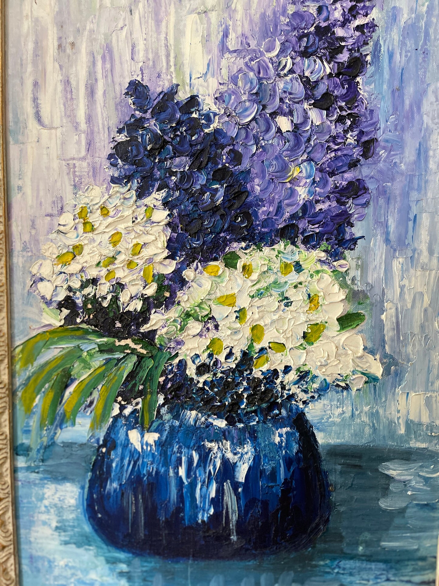 1962 Blue Signed Floral Still Life Painting on Board