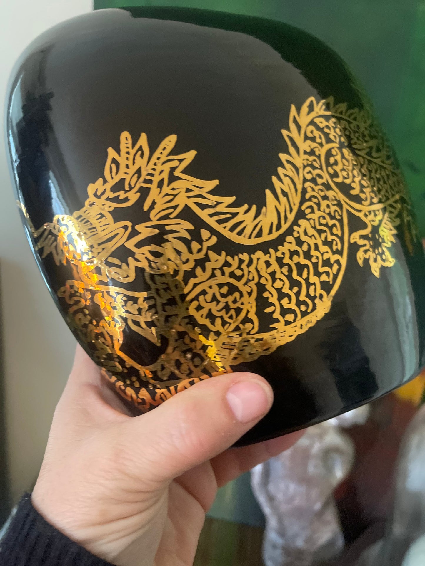 Vintage Handmade Black and Gold Dragon Vase