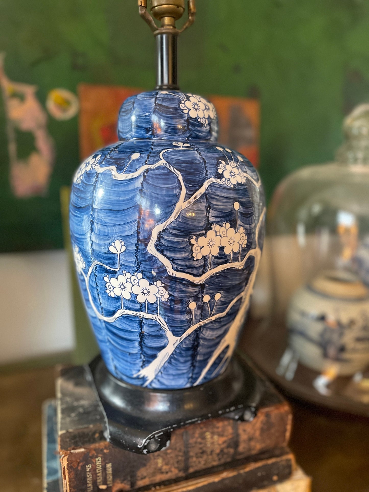 Vintage Blue and White Cherry Blossom Asian Lamp