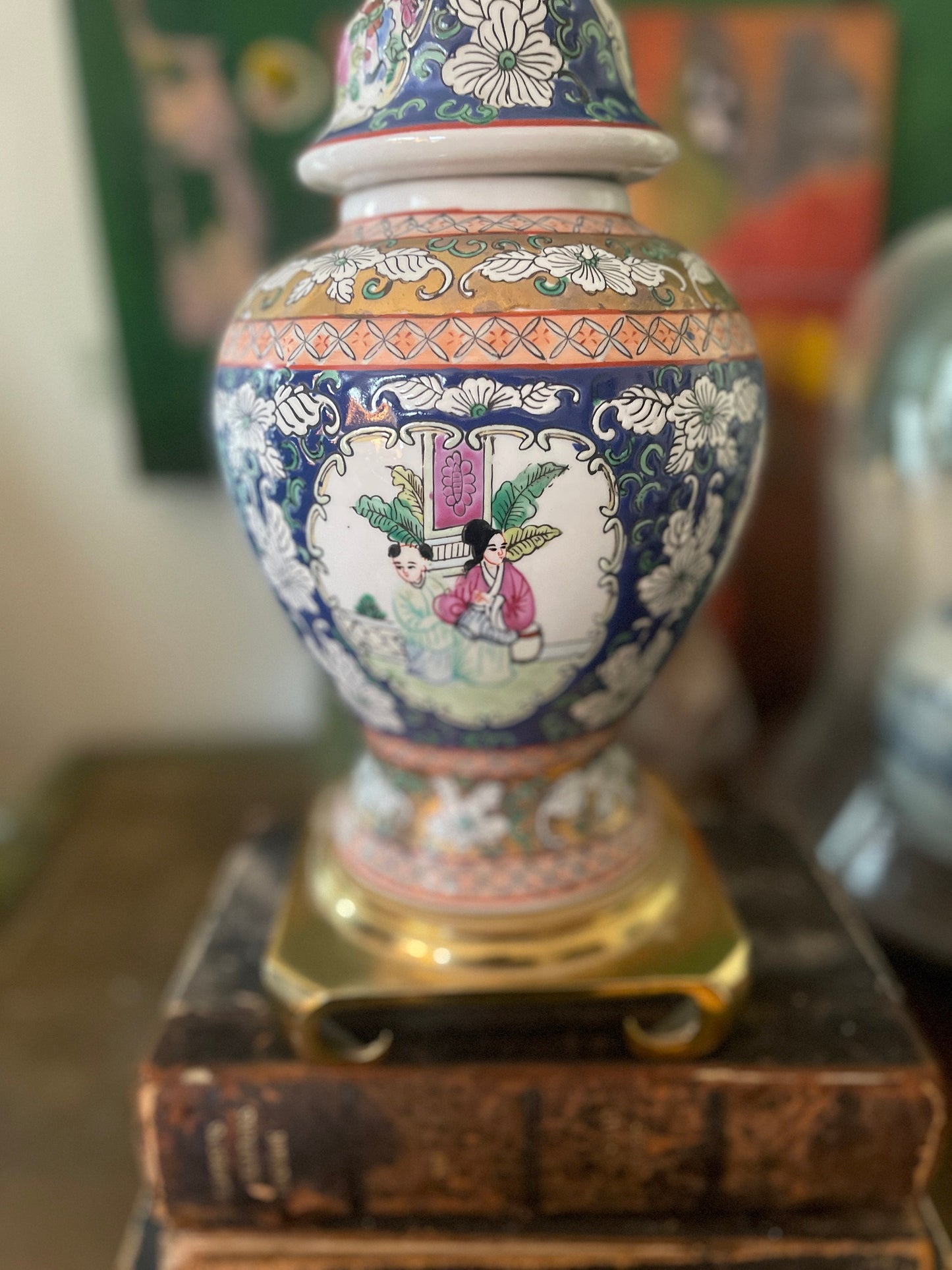 Vintage Chinese Blue and Pink Ginger Jar Table Lamp