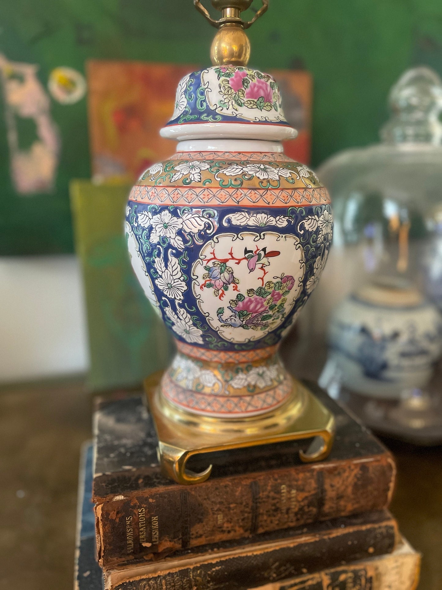 Vintage Chinese Blue and Pink Ginger Jar Table Lamp