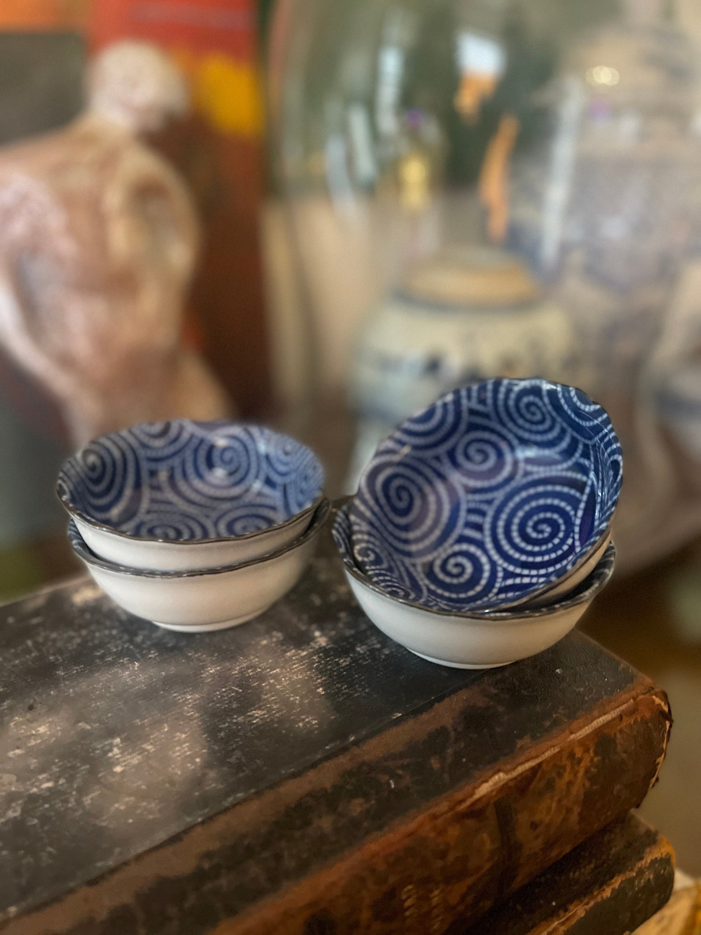 Set of Four (4) Blue and White Small Japanese Noodle Bowls