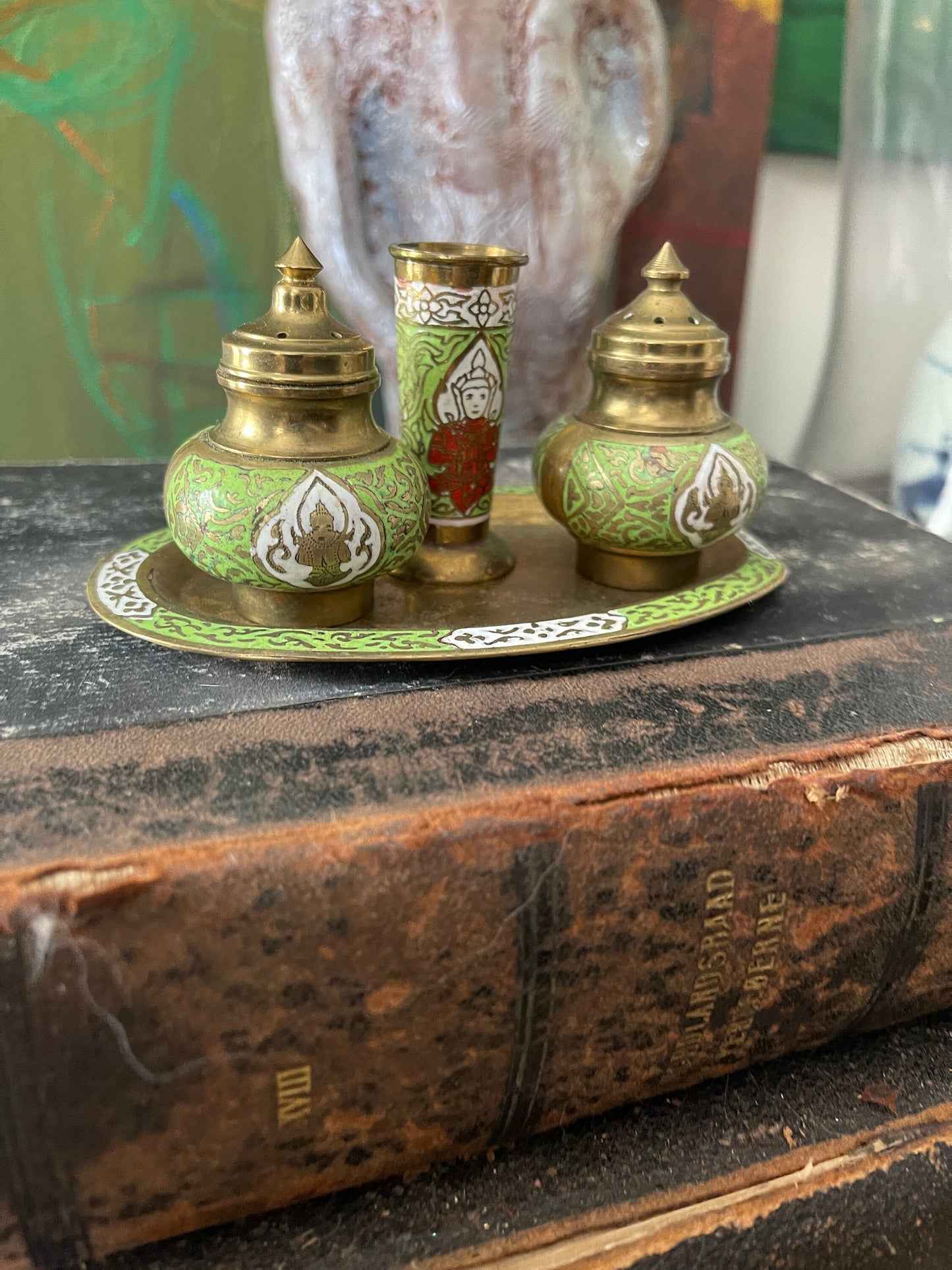 Four Piece Vintage Siam Cloisonné Miniature Salt Pepper Tray Set