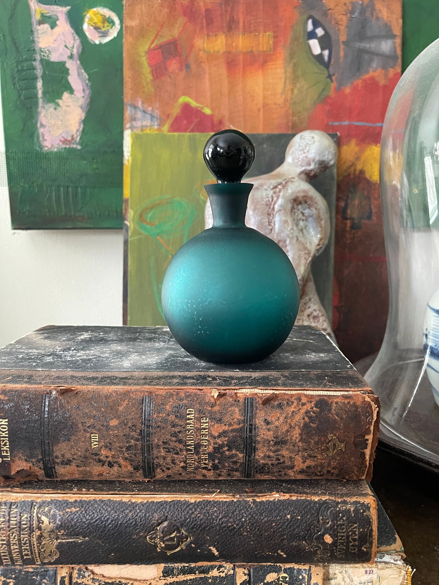 Vintage Teal Satin Glass Decanter Made in Portugal