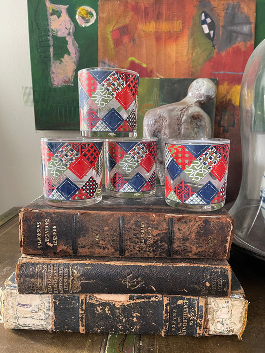 Set of Four (4) Vintage Cora Red and Blue Patchwork Lowball Whiskey Glasses