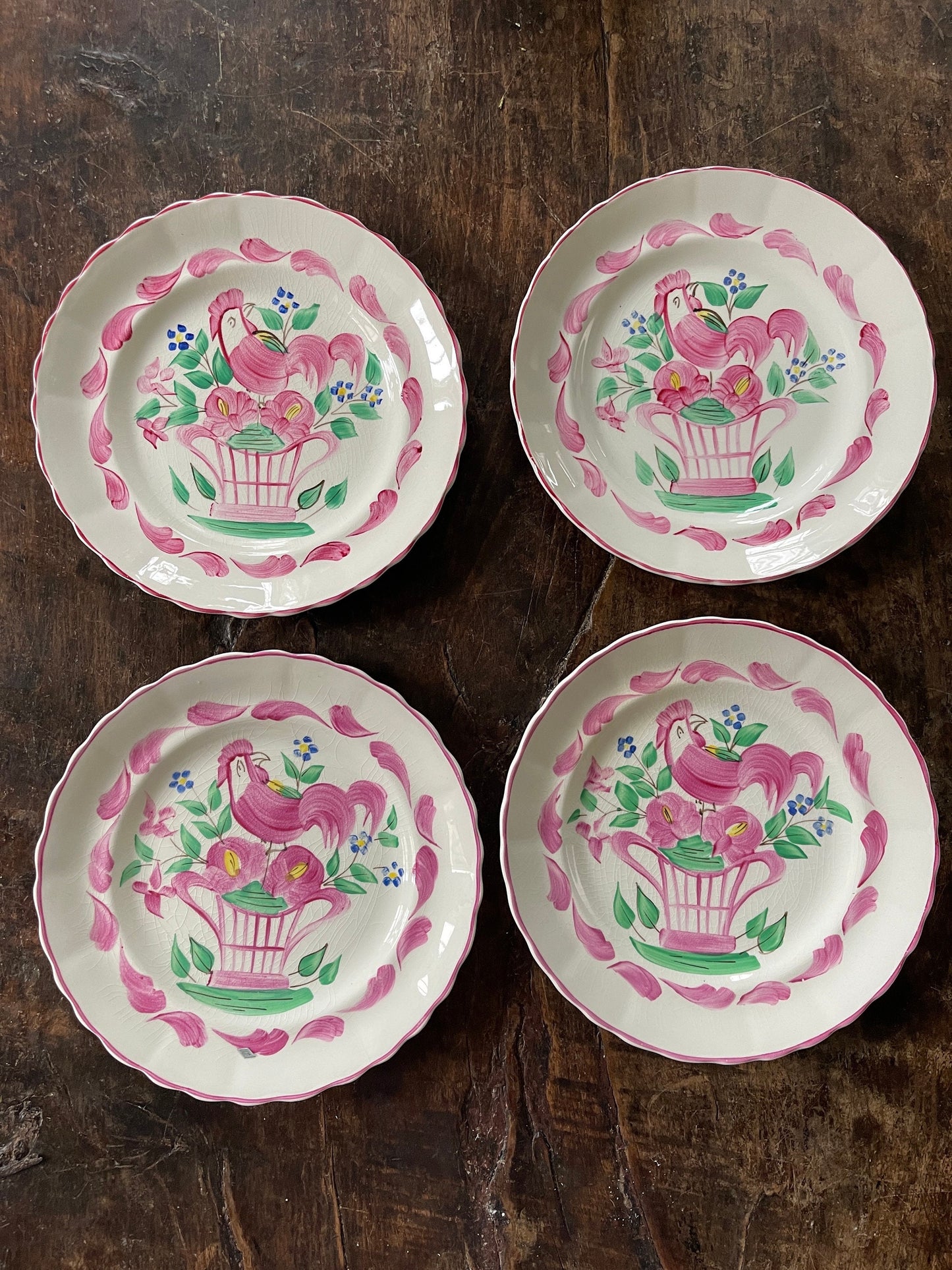 Set of Four (4) Pink English Chanticleer Fondeville England 7 7/8” Plates