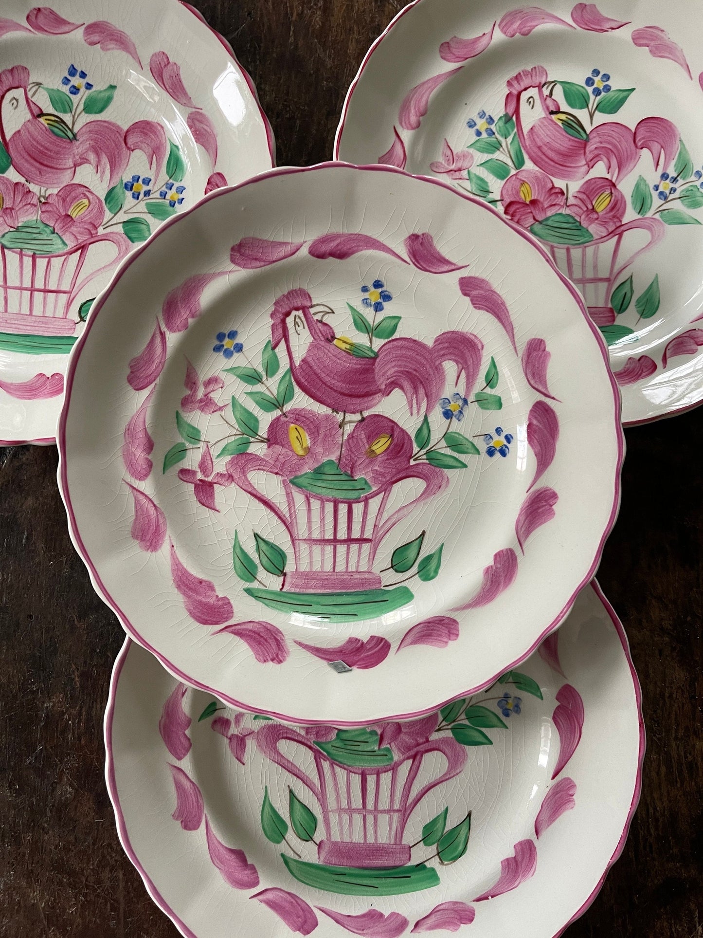 Set of Four (4) Pink English Chanticleer Fondeville England 7 7/8” Plates