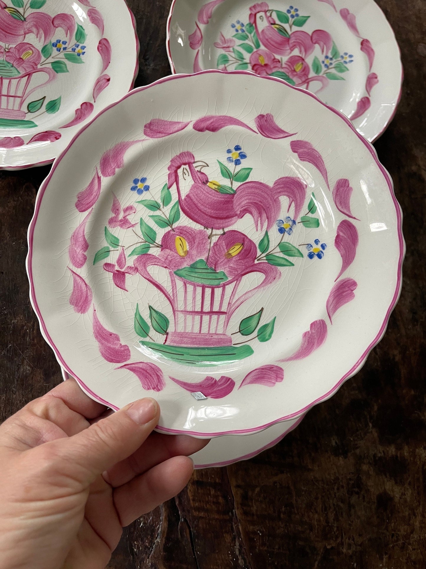 Set of Four (4) Pink English Chanticleer Fondeville England 7 7/8” Plates