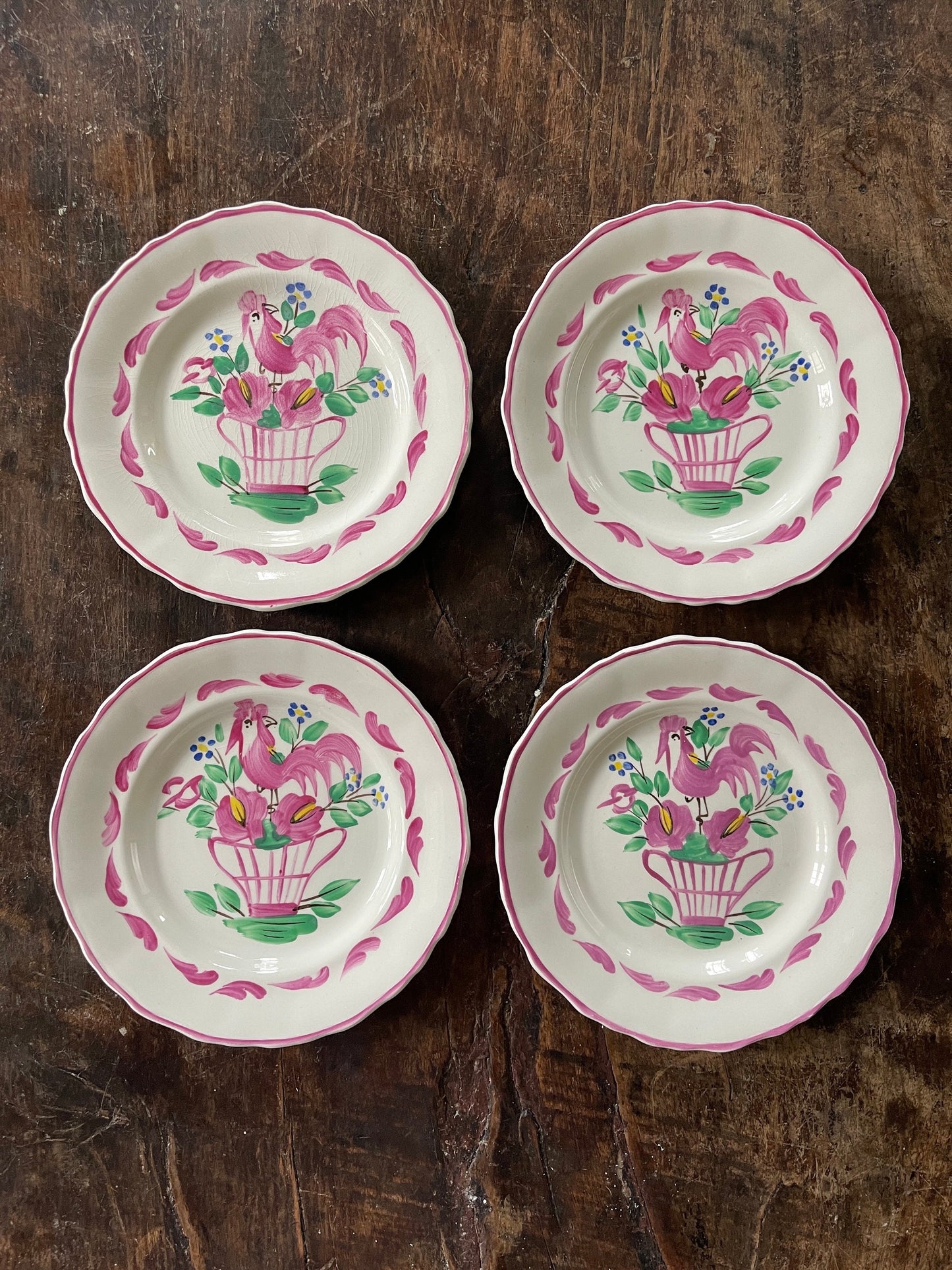 Set of Four (4) Pink English Chanticleer Fondeville England  6 3/8” Plates