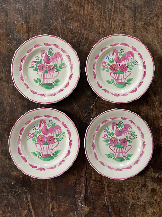 Set of Four (4) Pink English Chanticleer Fondeville England  6 3/8” Plates