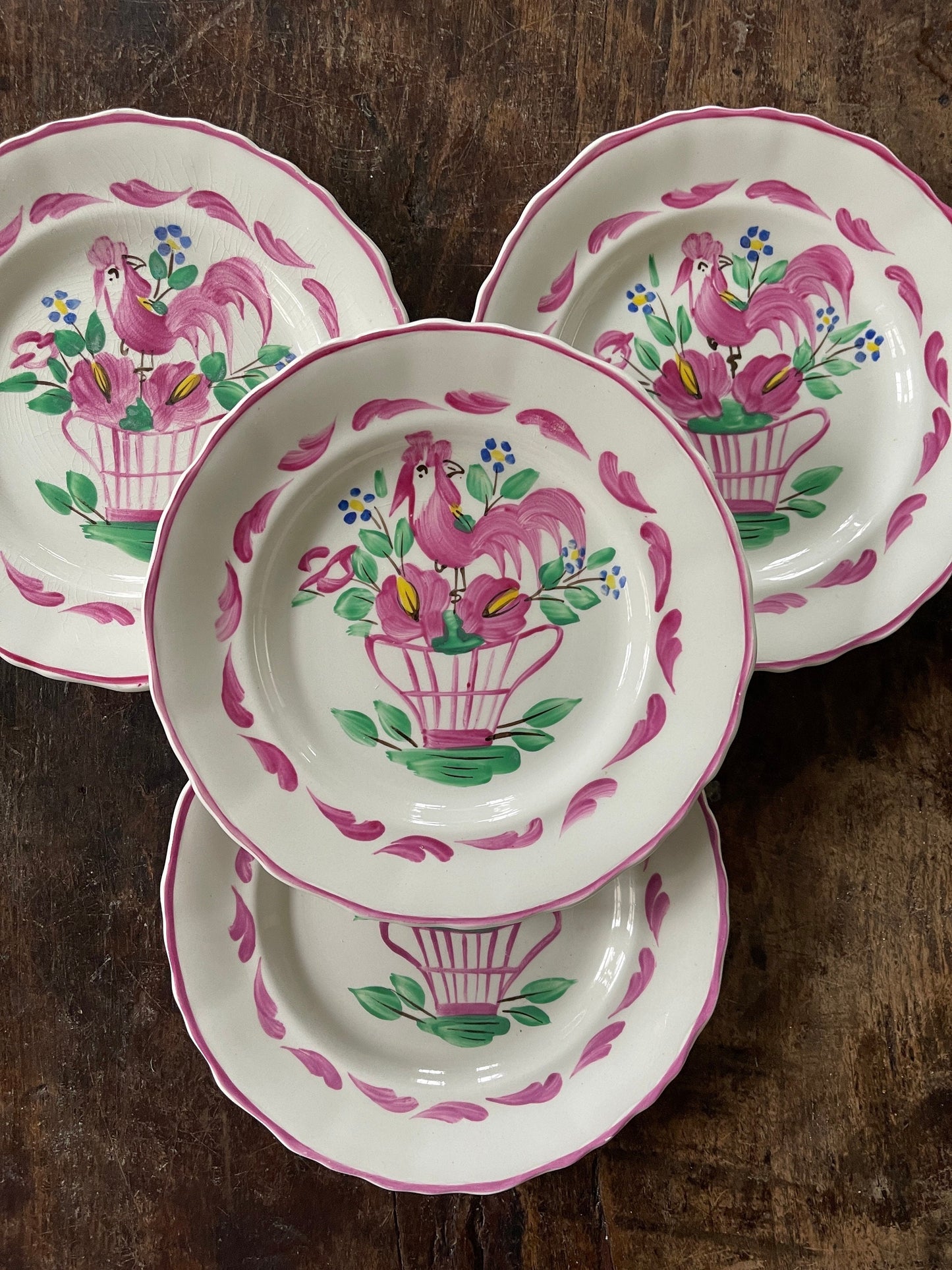 Set of Four (4) Pink English Chanticleer Fondeville England  6 3/8” Plates