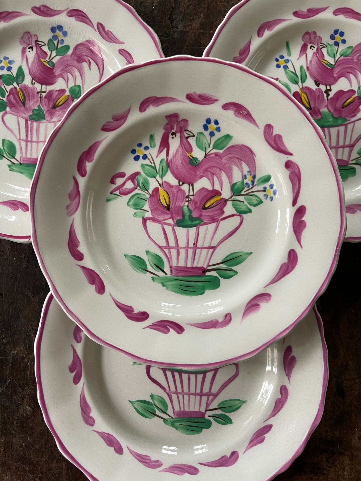 Set of Four (4) Pink English Chanticleer Fondeville England  6 3/8” Plates