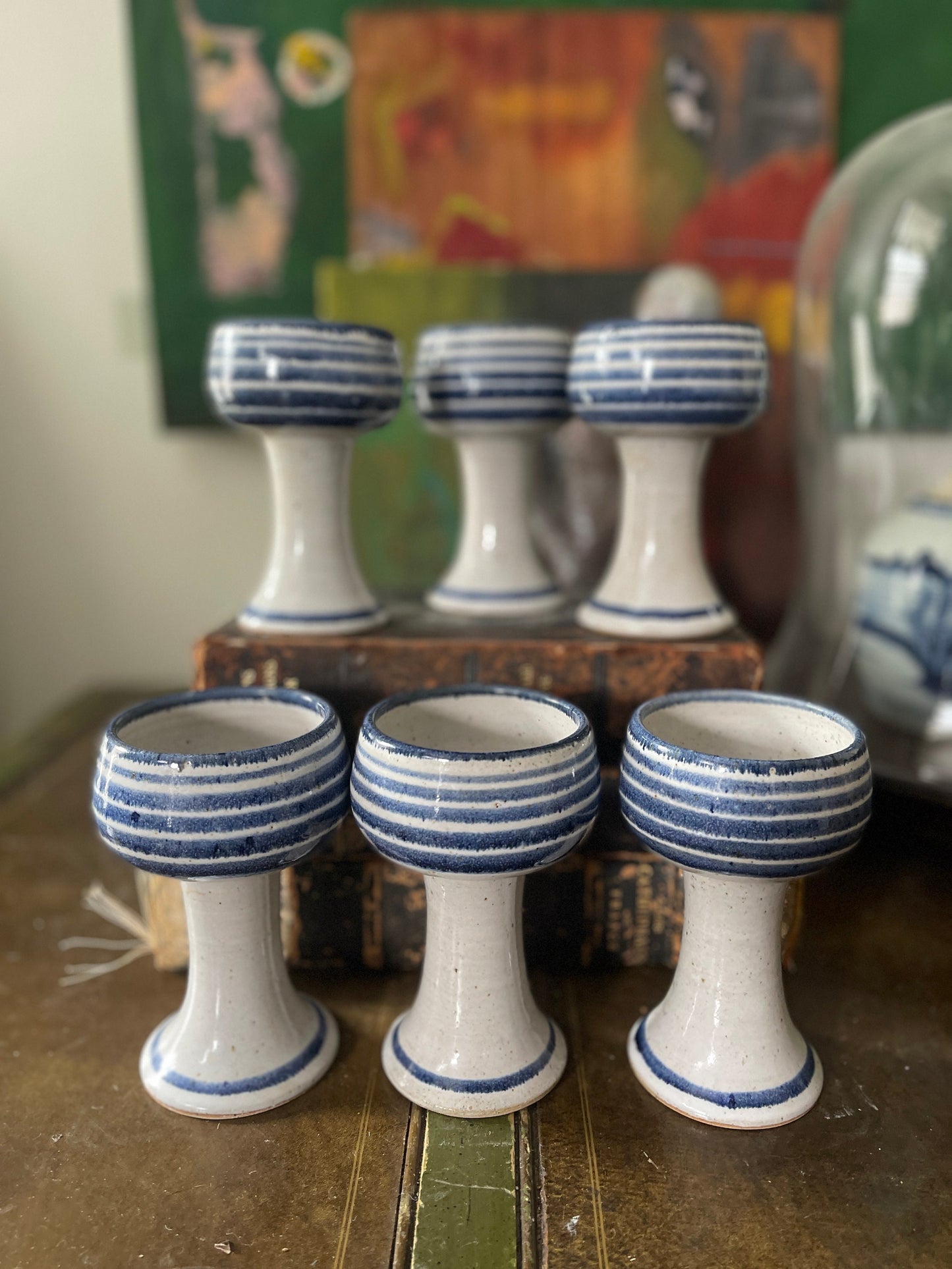 Set of Six (6) Vintage Studio Pottery Blue Goblets