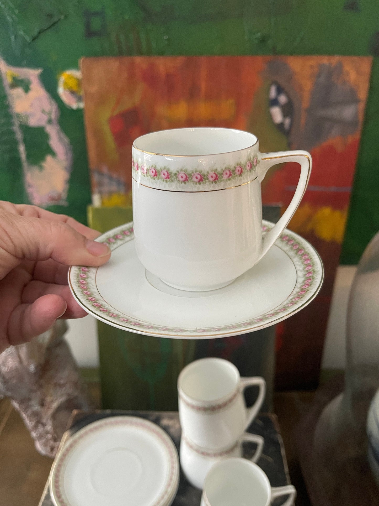 Set of Four (4) Vintage Art Deco Rosenthal Teacups and Saucers in Donatello