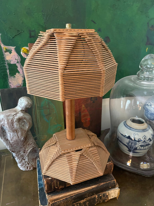 Vintage Popsicle Stick Lamp and Shade MCM Table Lamp Folk Art Lamp