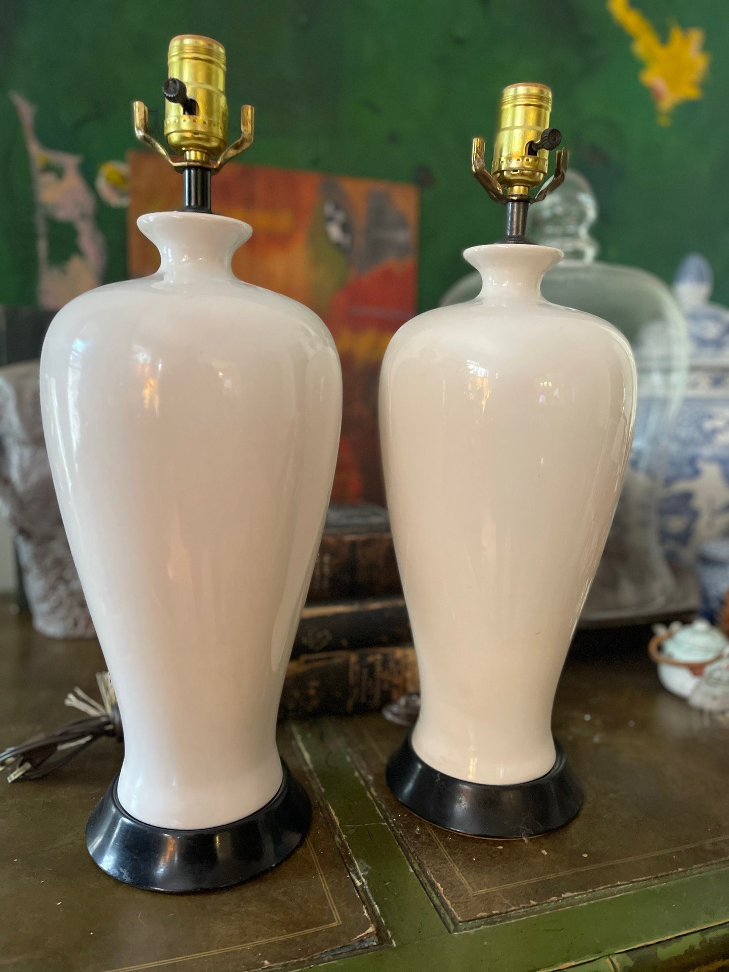 Pair of White Glossy Asian Temple Jar Lamps