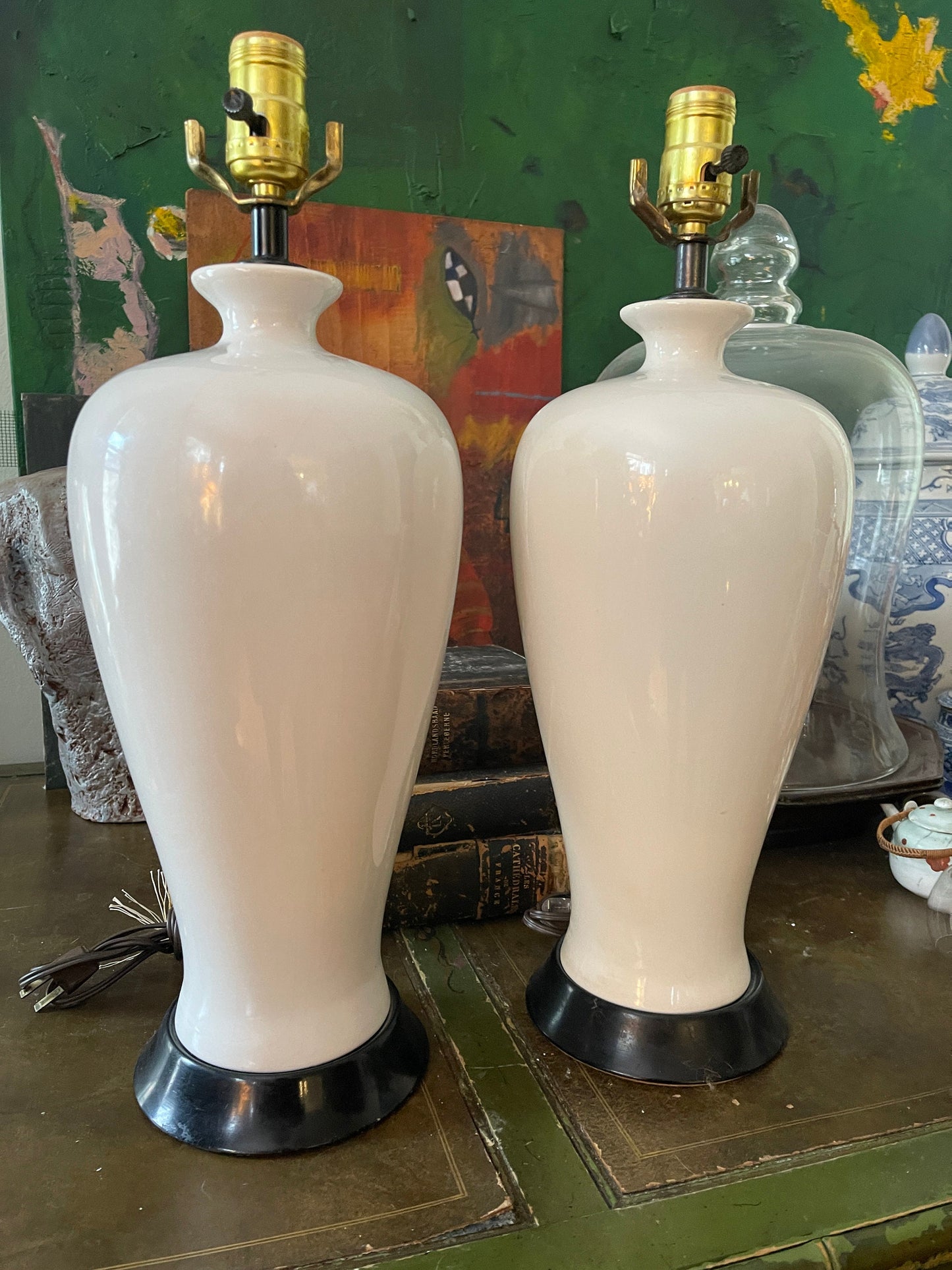 Pair of White Glossy Asian Temple Jar Lamps