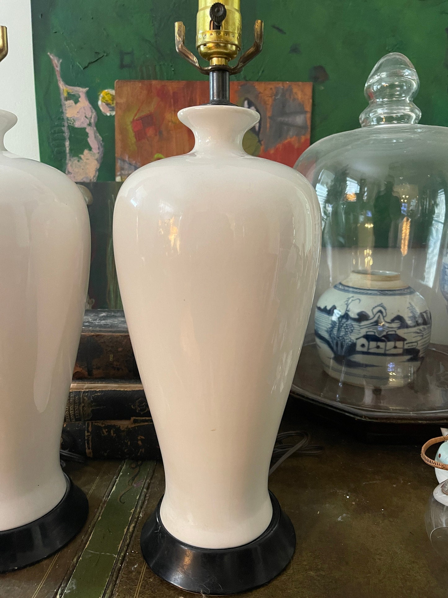 Pair of White Glossy Asian Temple Jar Lamps