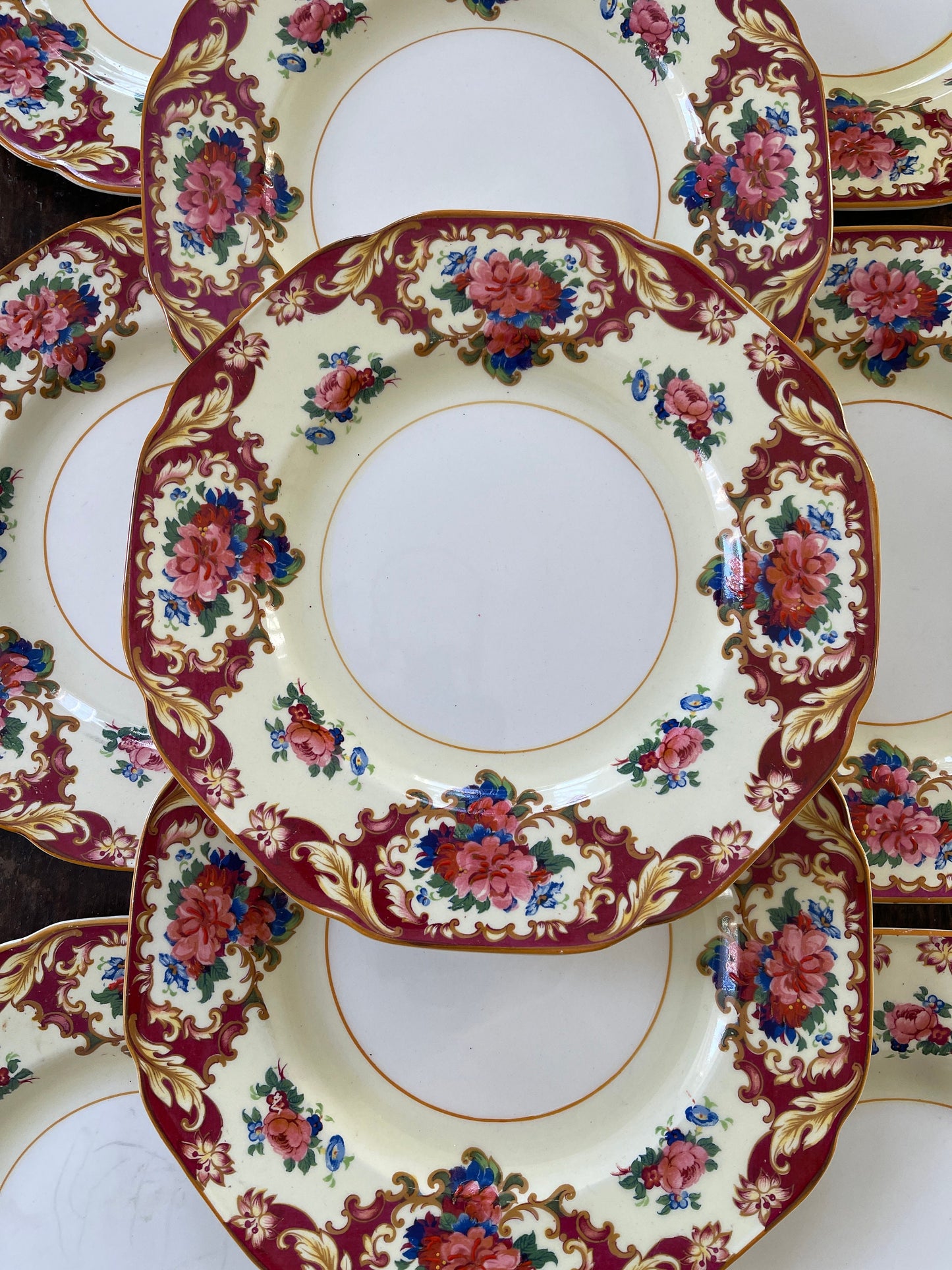 Set of Ten (10) Antique Burgundy Crown Ducal Ware England 8 7/8” Plates