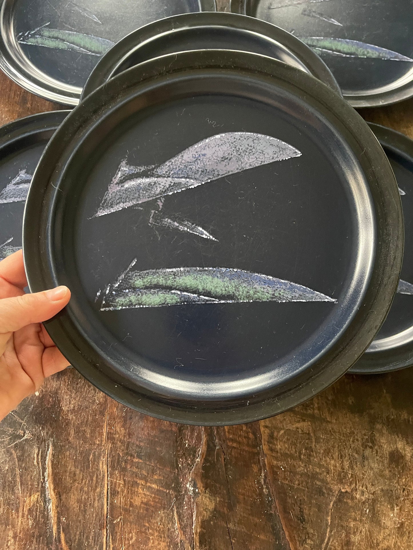 Set of Six (6) 1970s Deep Navy Blue Noritake Primastone Spinnaker 10.5” Dinner Plates