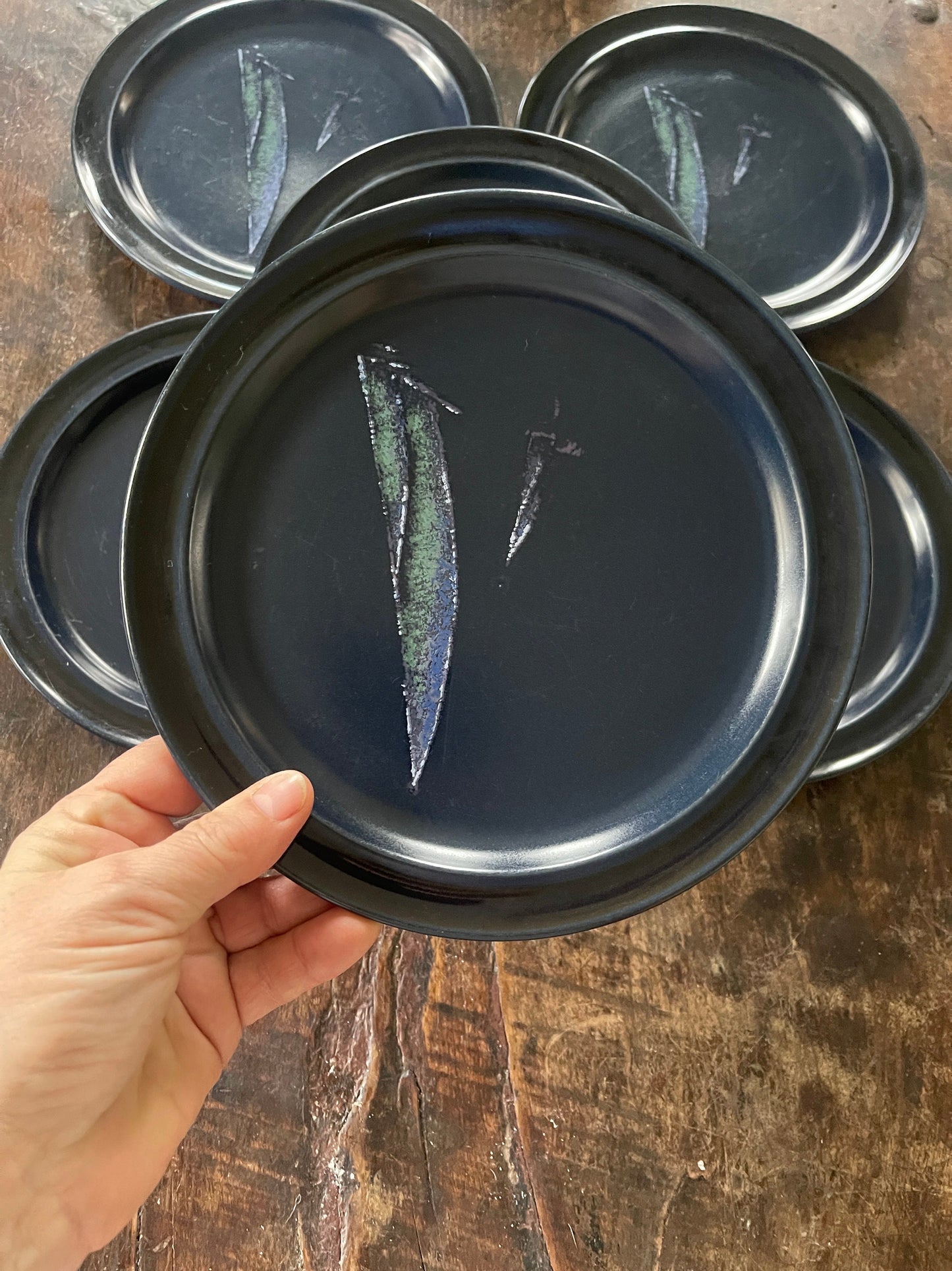 Set of Six (6) 1970s Deep Navy Blue Noritake Primastone Spinnaker 8 1/8” Salad Plates