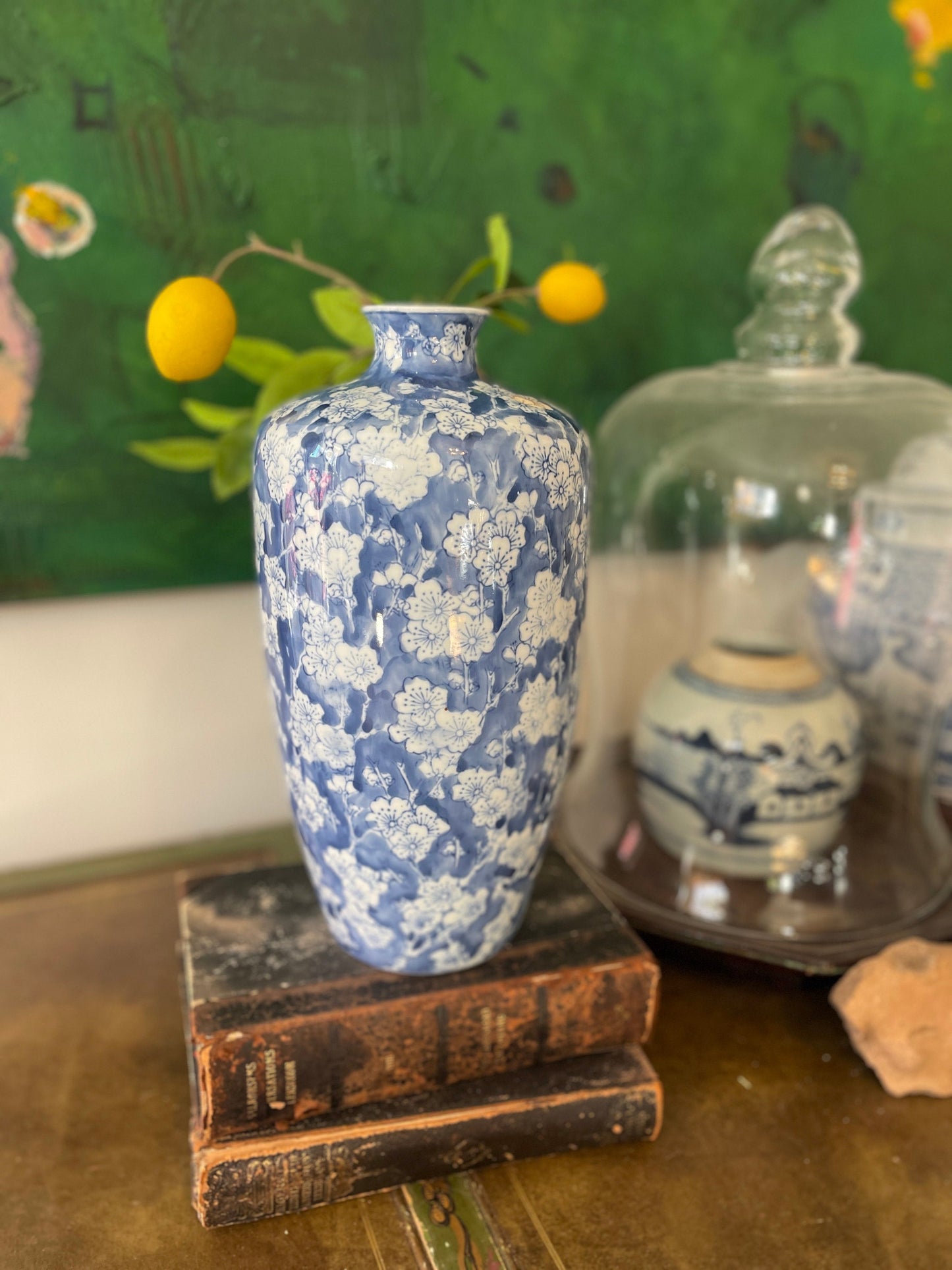 Cherry Blossom Blue and White Chinoiserie 14” Vase