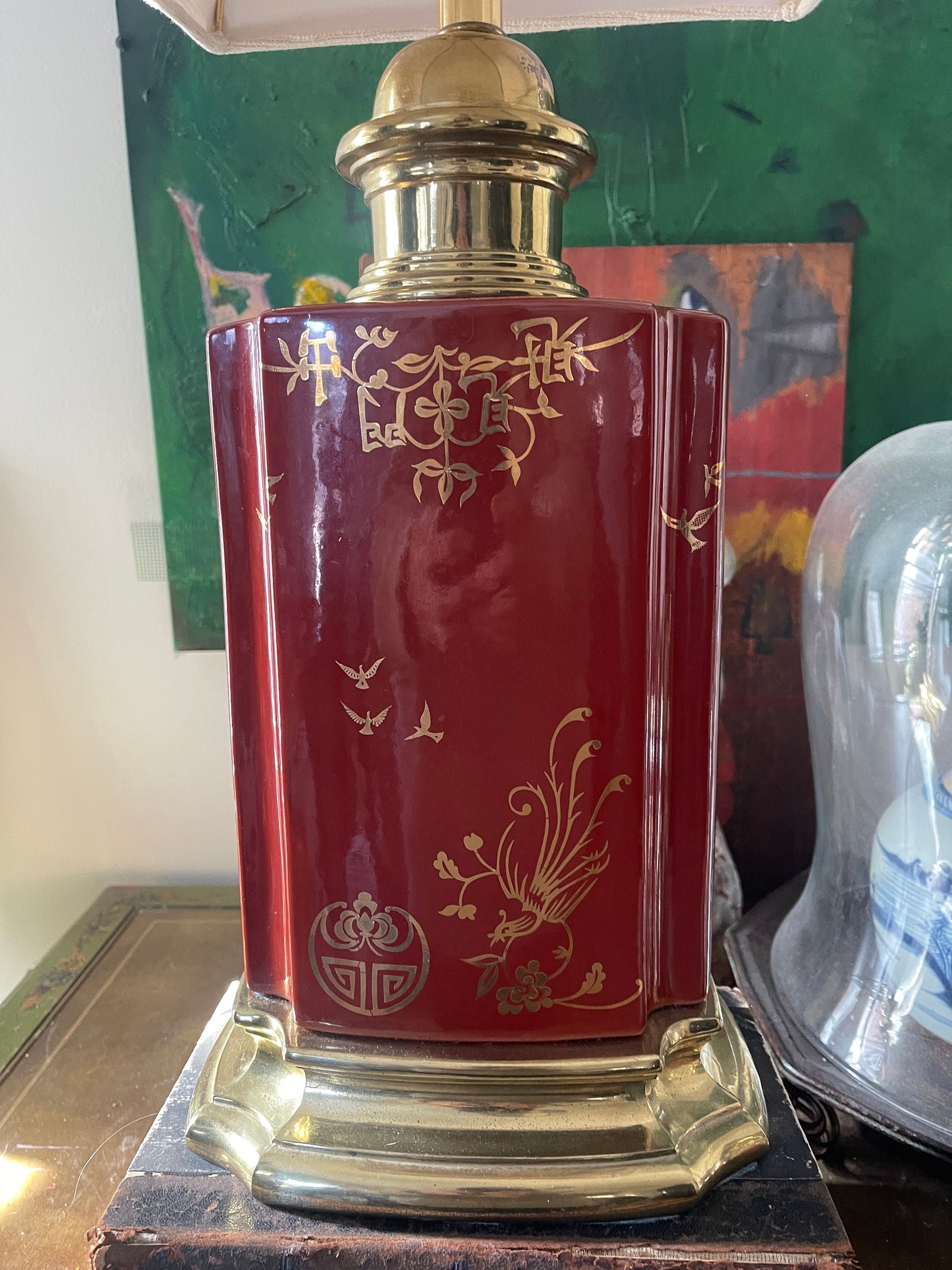 Vintage Burgundy and Brass Chinoiserie Table Lamp