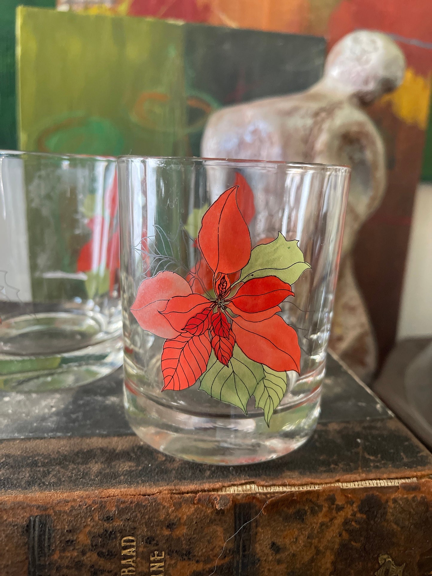 Set of Two (2) Vintage Block Poinsettia Whiskey Glasses