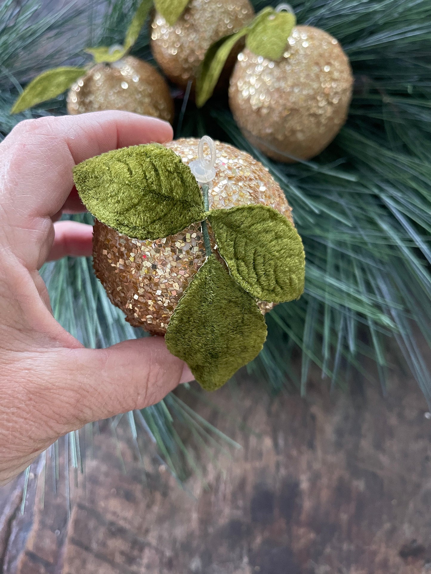 Set of Four (4) Vintage Gold Glitter Apple Ornaments