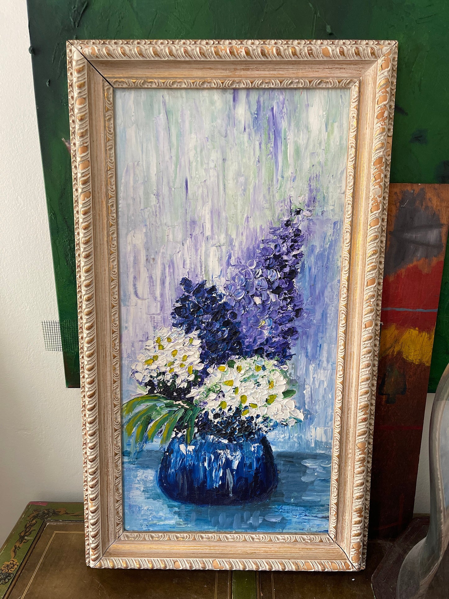 1962 Blue Signed Floral Still Life Painting on Board