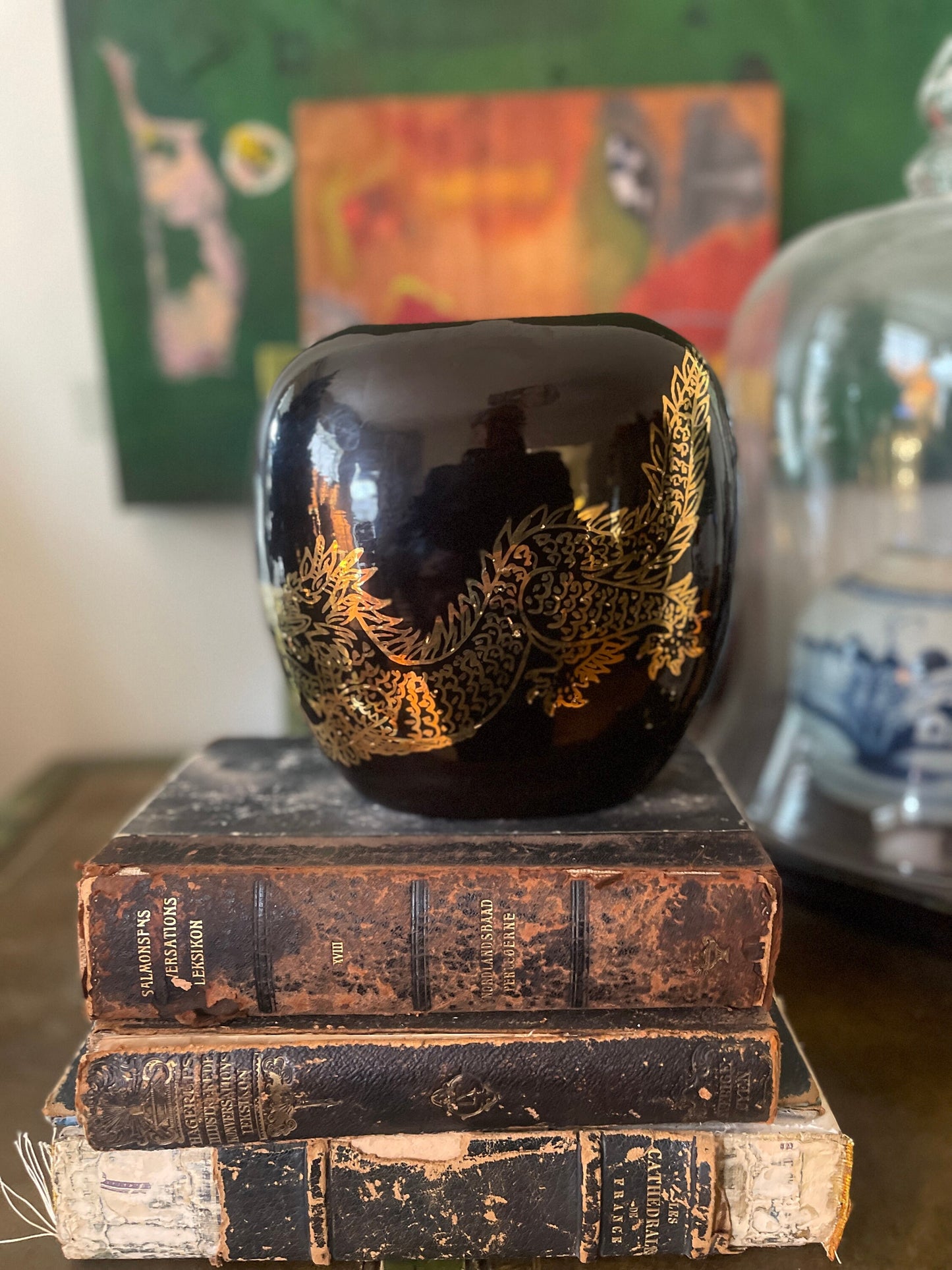 Vintage Handmade Black and Gold Dragon Vase