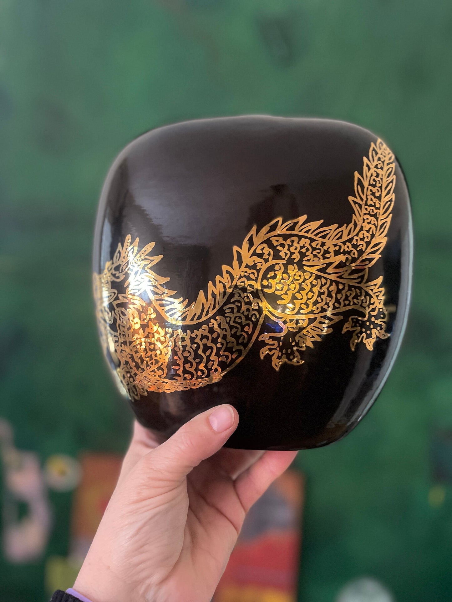 Vintage Handmade Black and Gold Dragon Vase