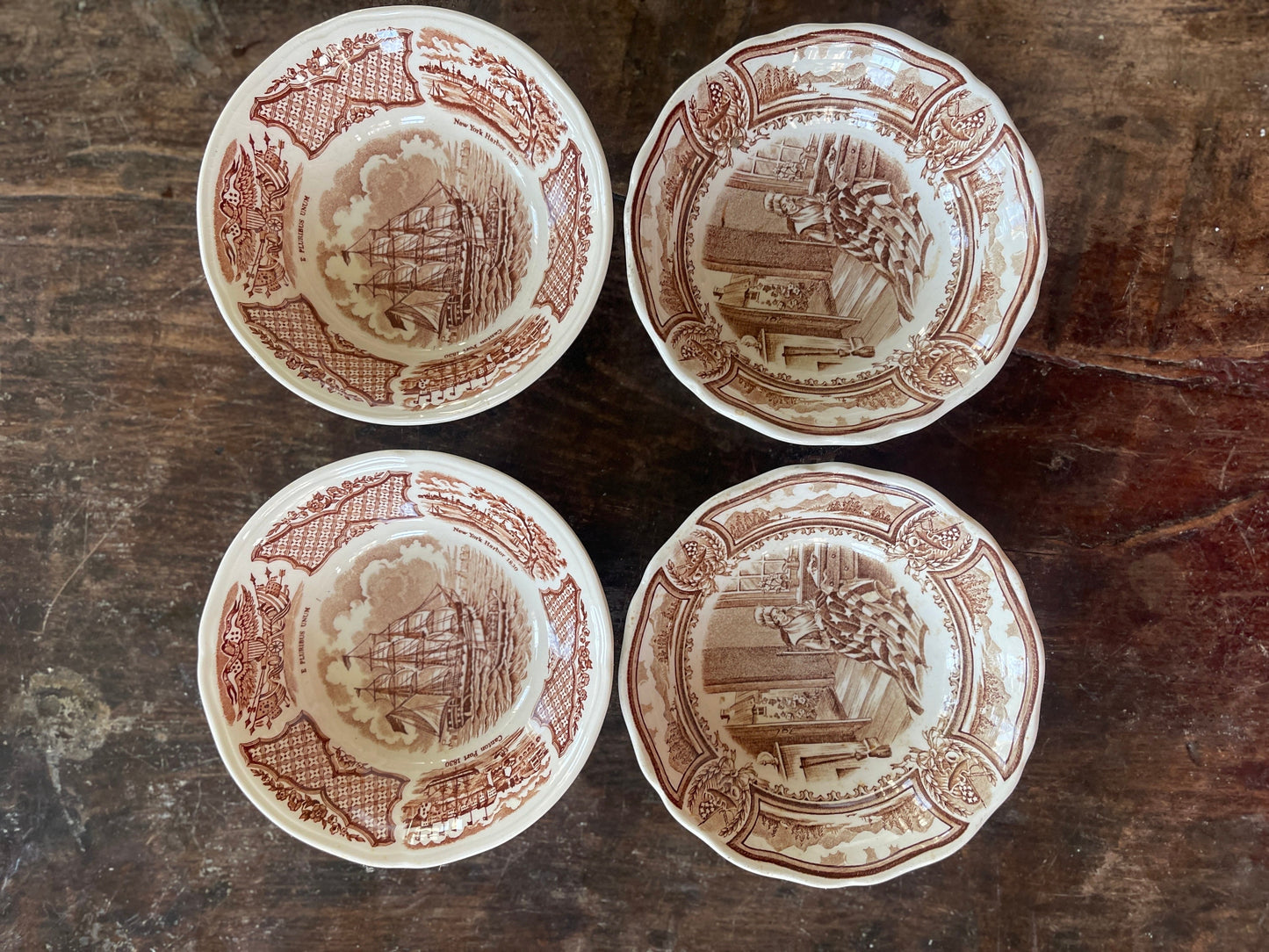 Set of Four (4) Brown Transferware 5.25” English Bowls by Meakin