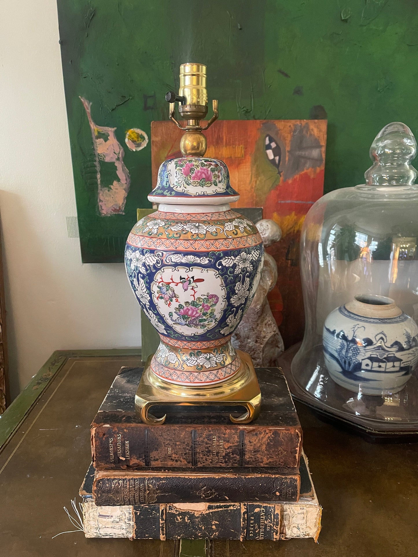 Vintage Chinese Blue and Pink Ginger Jar Table Lamp