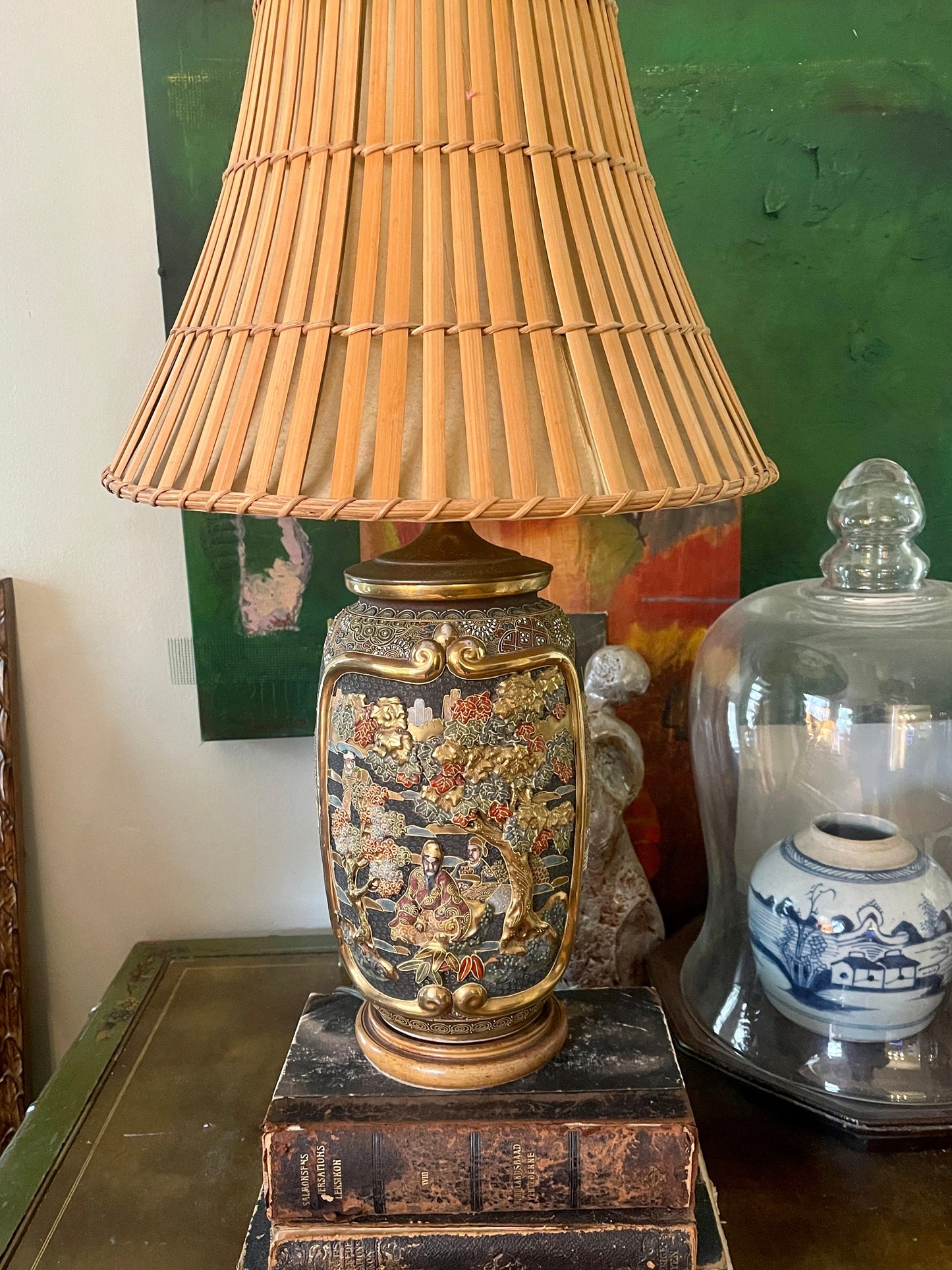 Vintage Japanese Black Satsuma Table Lamp