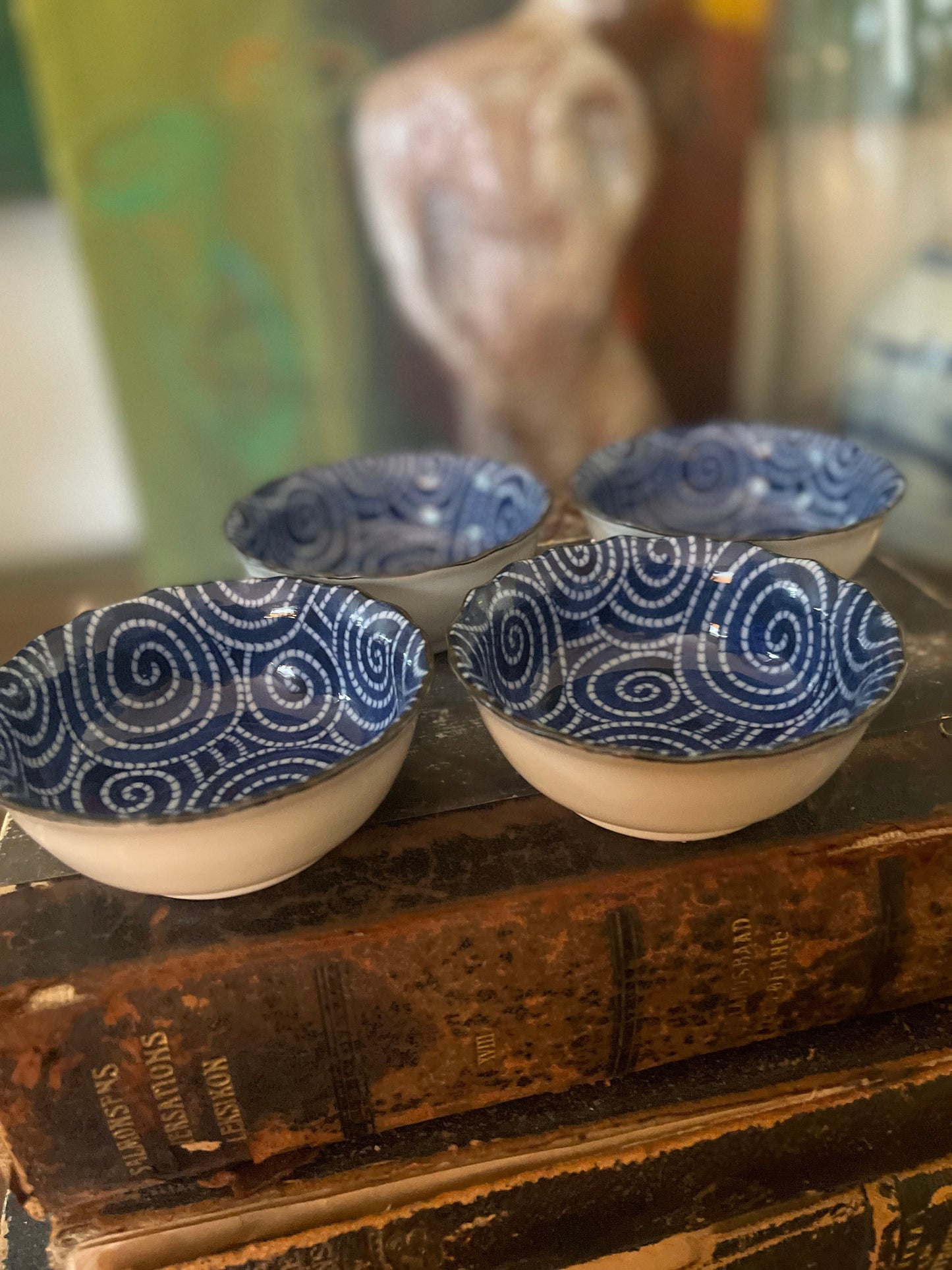 Set of Four (4) Blue and White Small Japanese Noodle Bowls